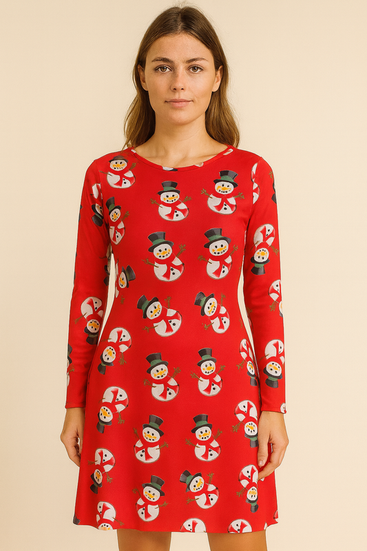 Festive Red Snowman Print Long-Sleeve Dress